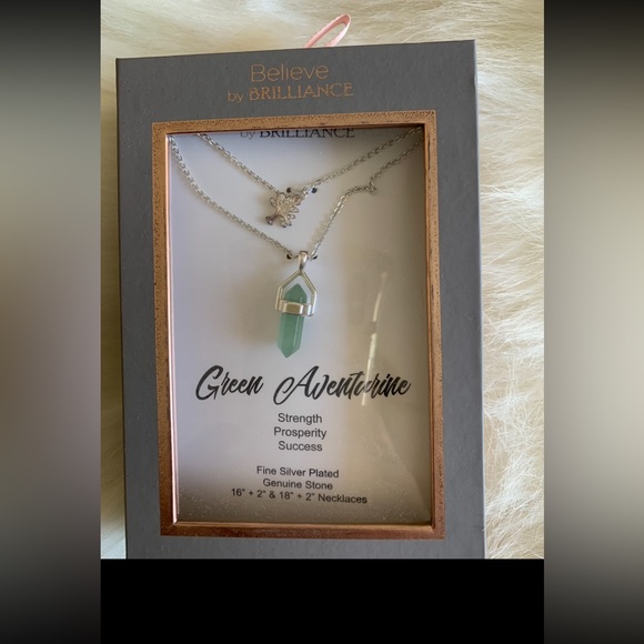 Green Aventurine Stone Crystal Fine Silver Plated Double Necklace NWT - Picture 2 of 6